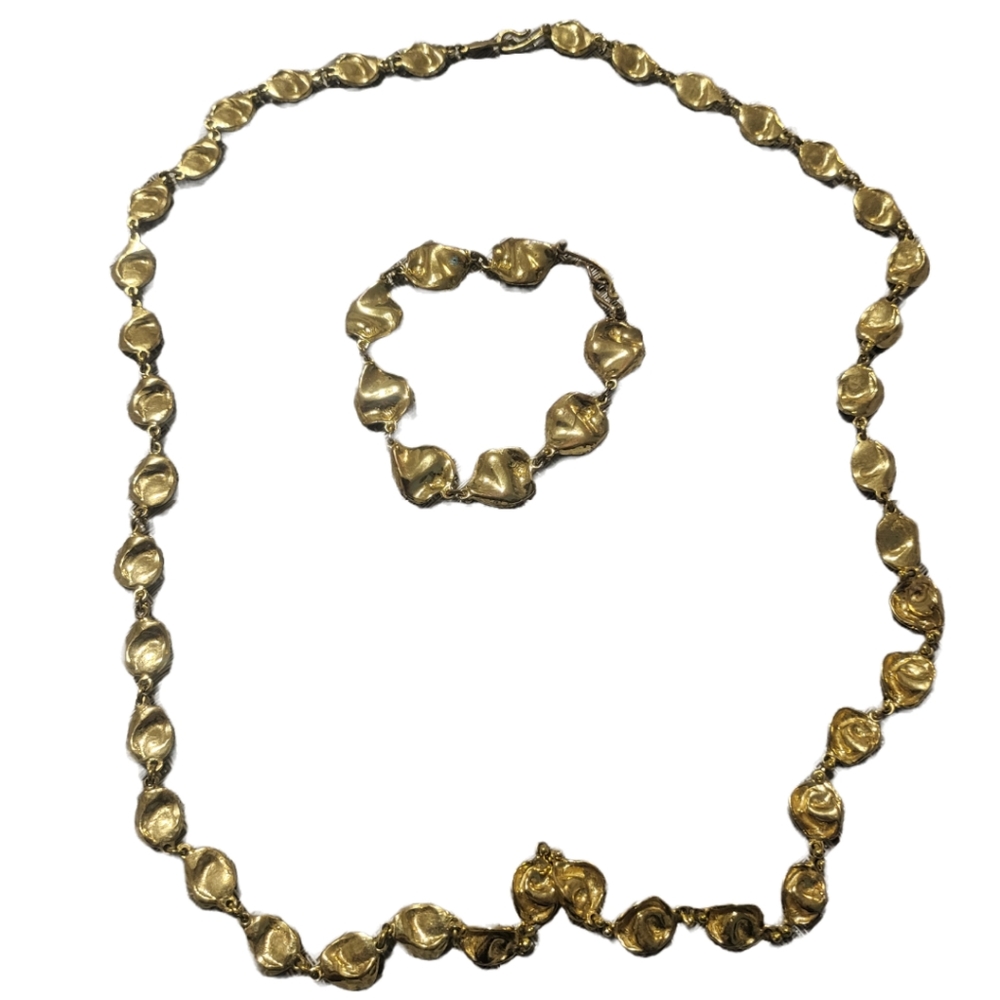 Anne Dick (signed) Brass Jewelry Set 30"Necklace & 8" Bracelet